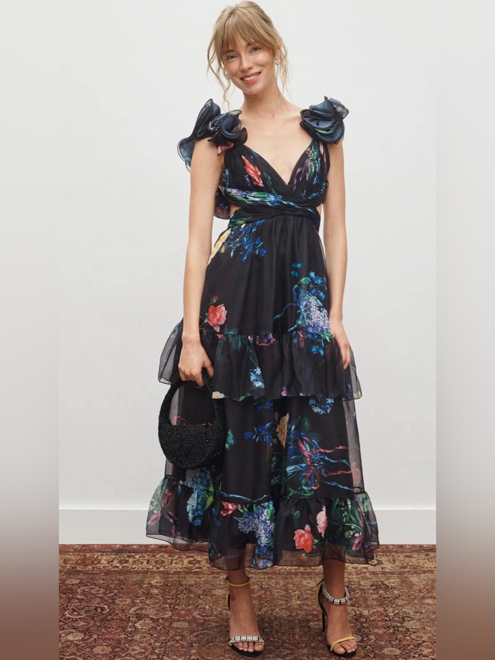 Mac Duggal Black Ruffle Tiered Floral Cut-Out Chiffon Dress Sz 6. - Picture 2 of 15